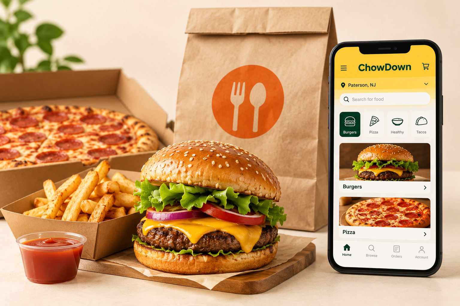 ChowDown concept app mockup beside a burger, fries, pizza and delivery bag